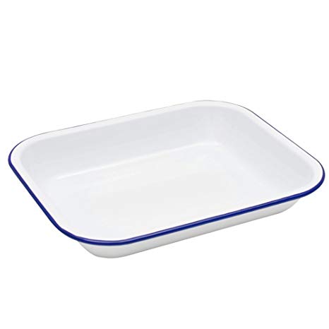 Enamelware Small Roasting Pan - Solid White with Blue Rim