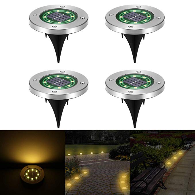 4 Pack Solar Lawn Light, FORNORM 8 Strong LED Super Bright Solar Ground Lights Buried Lights, IP67 Waterproof Stainless Steel with Light Sensor for Pathway Lawn Yard, Warm White 3000-3500K/100-120ML