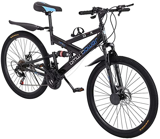 GBSELL Mountain Bike, 26 Inch 21 Speed Double Disc Brake Bicycles with High Carbon Steel Frame, Full Suspension MTB, Magnesium Wheel, Free Pedals and Seats