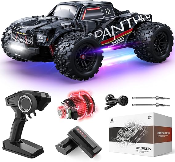 DEERC 1/14 Brushless Fast Extreme RC Cars for Adults, Max 70kph RC Truck 4X4 Off-Road, 7 Lighting Modes Remote Control Car with 2 Li-ion Batteries, Hobby Electric Large RC Truggy for Snow Sand