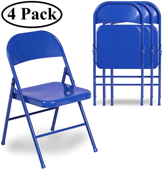 VECELO Folding Chair Triple Braced & Double Hinged Back with Metal Frame for Home Office, Blue