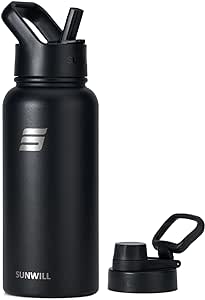 SUNWILL Insulated Water Bottle with Straw, 32 oz Vacuum Stainless Steel Metal Sports Water Bottle with Straw and Spout lid, Wide Mouth, Leak proof, Powder Coated Black