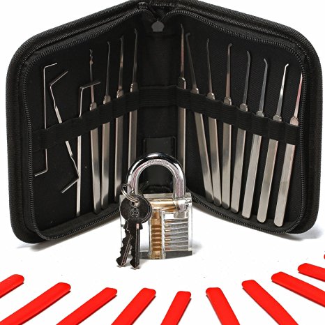 Longans 15 Piece Lock Pick Set with Clear Practice Lock and Lock Picking Ebook - Includes Stainless Steel Locksmith Picks, See Through Practice Lock, Case