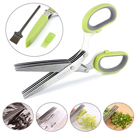CETHIAS Herb Scissors,Multipurpose Kitchen Stainless Steel Shear with 5 Blades & Cover with Cleaning Comb & BONUS Cleaning Brush,Green