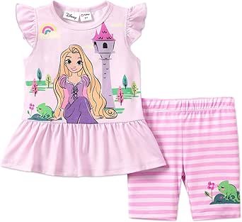 Disney Princess Toddler Girls 2PCS Short Sleeve Ruffle T-Shirt Dress and Pants Outfit Set 2-6 Years