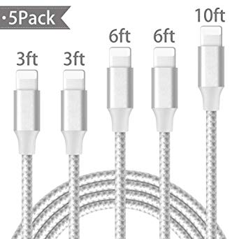 iPhone Charger,BULESK MFi Certified Lightning Cable 5 Pack 3FT 3FT 6FT 6FT 10FT Extra Long Nylon Braided USB Charging & Syncing Cord Compatible iPhone 11/11Pro/11Pro Max Xs/Max/XR/iPad/Nan -Gray White