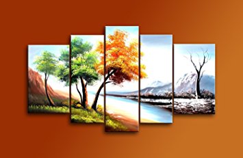 Ode-Rin Hand Painted Mordern Oil Paintings Autumn Winter Trees Landscape 5 Panels Wood Inside Framed Hanging For Home And Wall Decoration