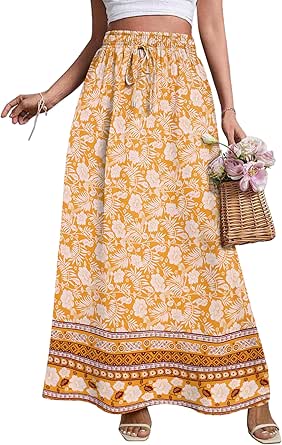 Zeagoo Women's 2024 Boho Floral Skirt Casual Elastic High Waist Maxi Skirts Flowy A Line Beach Long Skirt with Side Pockets