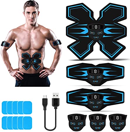 Tenswall Abs Trainer, Muscle Stimulator EMS with LED Display, USB Rechargeable Ab Toner Exercise Equipment Home Use for Men Women, for Abdominal Arm Leg Training (10 Gel Pads)