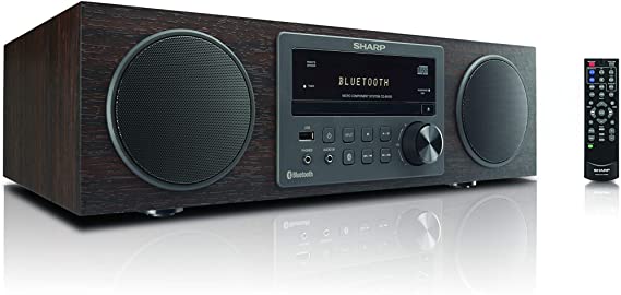 Sharp Vintage Style Modern Retro Look Micro Component Wireless Bluetooth Audio Streaming & Cd Player Wood Speaker System   Remote, USB Port for MP3 Playback, Am/FM Stereo Digital Tuner, Aux, Brown Oak