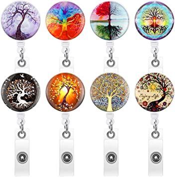 8 Pieces Name Tag Holder Retractable ID Badge Reel Holder Colorful Pattern ID Badge Reel Clip with Alligator Clip for Doctor, Nurse, Office Staff, Student (Tree of Life)