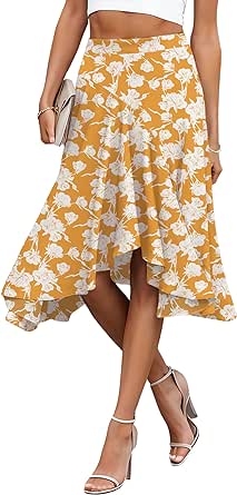 JINKESI Women's Midi Skirt Elegant Flowy Ruffle High Waist Summer Casual High Low Midi Skirts