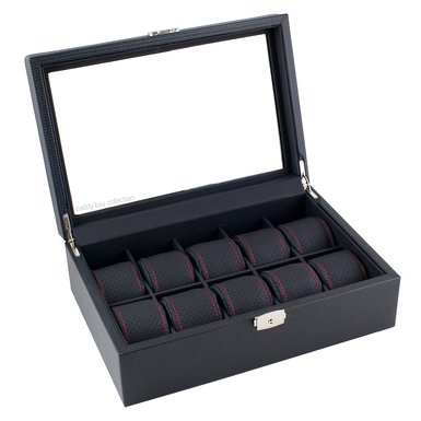 Caddy Bay Collection Black Carbon Fiber Pattern Watch Box Display Storage Case with Glass Top, Red Stitching Perforated Soft Pillows Holds 10 Watches - Red Stitching