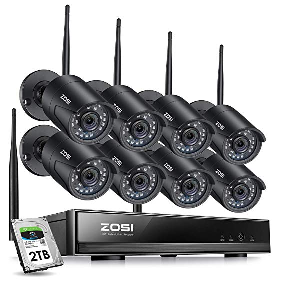 ZOSI 1080P Wireless Security Cameras System Outdoor Indoor with Night Vision, H.265  8CH Network Video Recorder (NVR) with 8 x 2MP Auto Match Weatherproof IP Cameras, 2TB Hard Drive Built-in