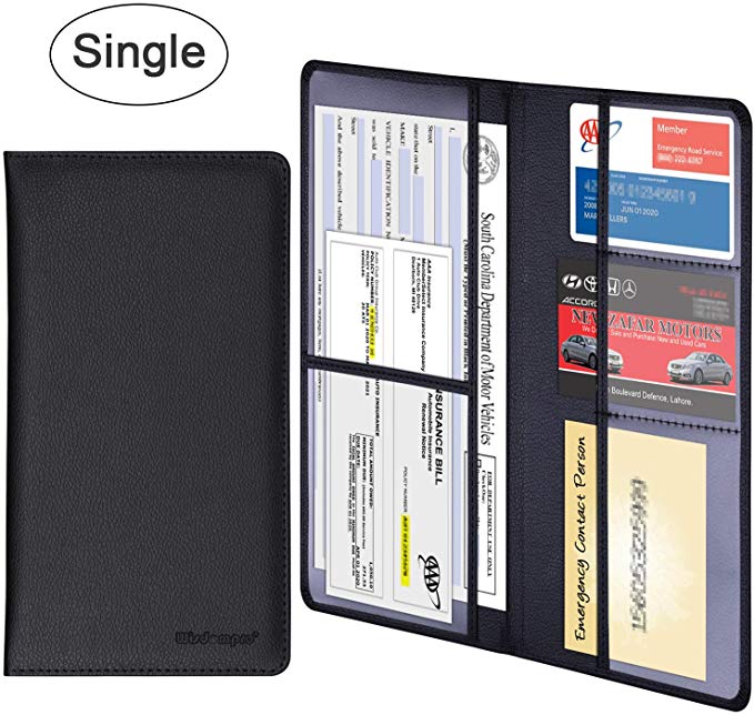 Wisdompro Car Registration and Insurance Documents Holder - Premium PU Leather Vehicle Glove Box Paperwork Wallet Case Organizer for ID, Driver's License, Key Contact Information Cards (Black)
