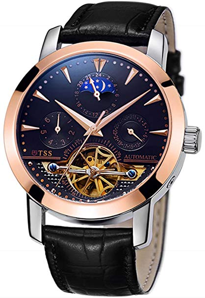 TSS Men’s Automatic Tourbillon Moonphase Watch T8030 - Mechanical Stainless Steel Round Watch Synthetic Sapphire Pure & Clear Window - Precise Movement Analog Display - Water Resistant up to 50m