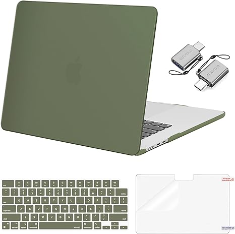 MOSISO Compatible with MacBook Air 15 inch Case 2023 Release A2941 M2 Chip Liquid Retina Display Touch ID, Plastic Hard Case&Keyboard Skin&Screen Protector&Type C Adapter 2 Pack, Army Green