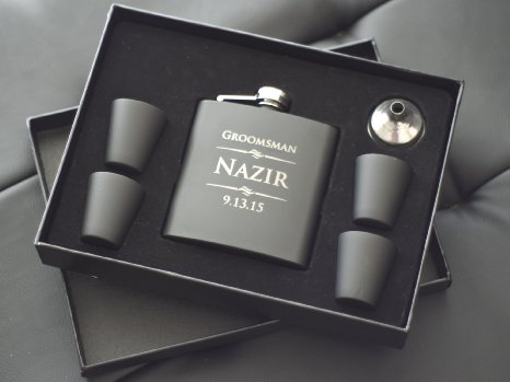 Custom Engraved Black Flask 6pc Gift Set - Personalized with Any Text
