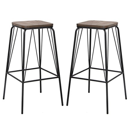 VIVA HOME Metal Chair Counter Dining Barstool with Elm Seat Pan, Set of 2, Black