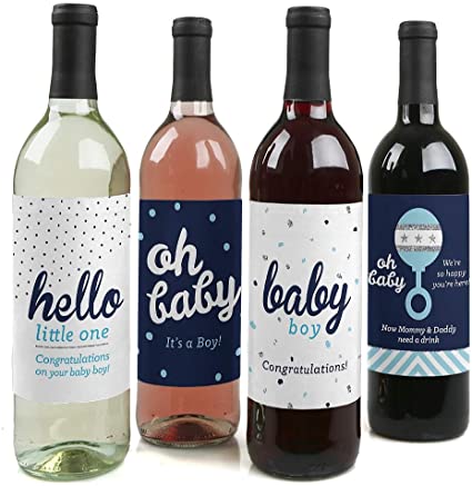 Hello Little One - Blue and Silver - Boy Baby Shower Gift Women and Men - Wine Bottle Label Stickers - Set of 4