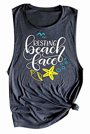 LOTUCY Women Resting Beach Face Tank Top Sleeveless Racerback Vest Top Letter Print Summer Vacation Cami