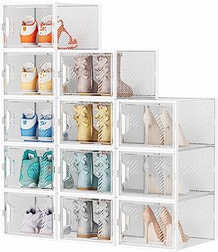 SIMPDIY Shoe Storage Box,12 pcs Shoe Box Clear Plastic Stackable, Shoe Organizer Containers with Lids for Women/Men,Fit up to UK 12