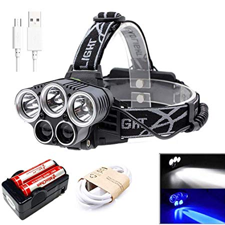 MinChen 5 LEDs Headlamp,5000Lumens Blue Light White Light Headlamp USB Rechargeable Headlight Flashlight 5 Ligh Modes Waterproof Head Lamp with Rechargeable 18650 Batteries and Charger