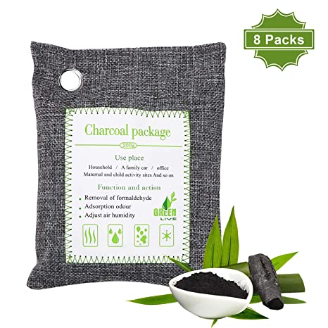 ENIBON Bamboo Charcoal Air Purifying Bag 8 Packs, 200g Activated Charcoal Odor Absorber with Hooks for Easy Hanging Charcole Air Freshener Bags for Home, Car and Pets to Eliminate Odors