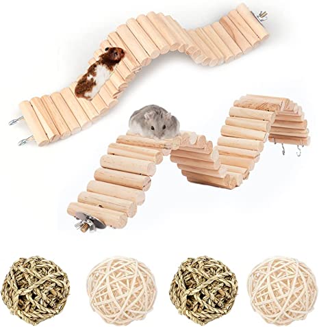 kathson 6 Pcs Wooden Hamster Suspension Ladder Bridge,Bendable Long Climbing Ladders Pet Cage Toy Accessories Hideout Natural Chew Balls for Mouse Chipmunk Rabbits and Other Small Animals