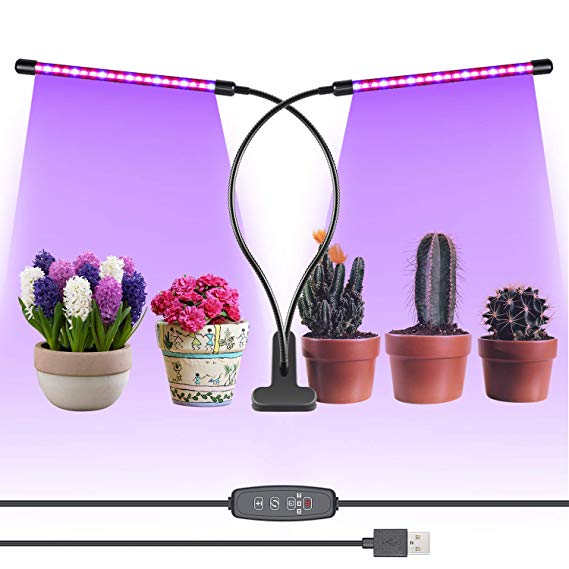 Neewer Grow Light, 12W Dual Head 60 LED Dimmable Plant Grow Lights for Indoor Plants with Red/Blue Spectrum, Adjustable Gooseneck, 3/6/12H Timer, 3 Light Mode, 9 Levels of Brightness, USB Powered