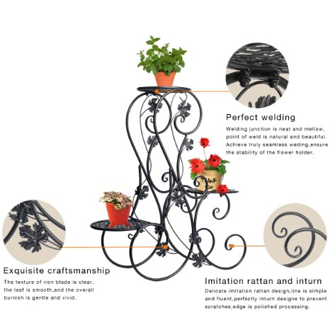 Dazone® 3-Tiered Scroll Decorative Metal Garden Patio Standing Plant Flower Pot Rack Display Shelf Holds 3-Flower Pot (Black)