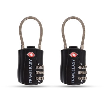 TSA Approved Travel Luggage Locks - 2 Pack - 3 Dial Combination Cable Lock for Suitcases, Bags & Lockers - Black