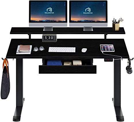 Rolanstar Dual Motor Adjustable Height Desk with Drawer 47" Electric Standing Desk, Whole-Piece Table Top Stand Up Home Office Desk with Shelf, Double Headphone Hook, USB Charging Ports,Black