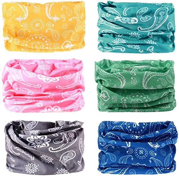 FAYBOX 6pcs Magic Wide Wicking Headbands Outdoor Headwear Bandana Sports Scarf Tube UV Face Mask for Workout Yoga Running Hiking Riding Motorcycling