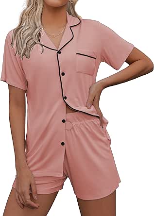 Ekouaer Pajamas Set for Women Short Sleeve Sleepwear Notch Collar Button Down Nightwear Soft Pjs Lounge Set