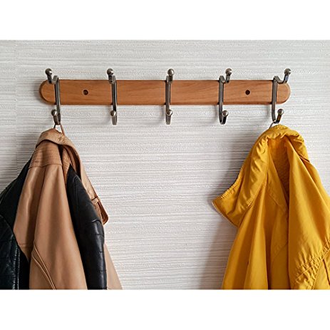 Tatkraft Charm Heavy Duty Coat Rack Wall Mount Natural Wood with 5 Double Hooks