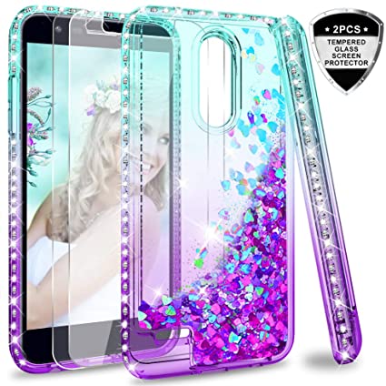 LG K20 V Case,LG K20 Plus/Harmony Case with Tempered Glass Screen Protector [2 Pack] for Girls Women,LeYi Glitter Diamond Liquid Quicksand Flowing Protective Phone Case for LG K10 2017 Teal/Purple