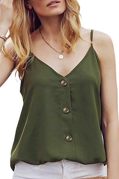 Women's Summer Casual Tops Button Down V Neck Strappy Tank Tops Loose Cute Sleeveless Camisole Shirts Blouses