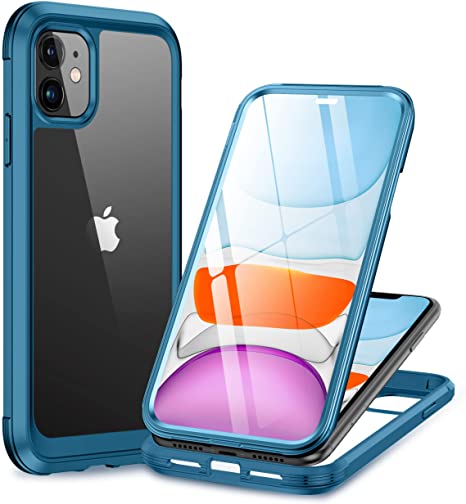 Miracase Glass Series Designed for iPhone 11 Case [2022 Upgraded] Full-Body Rugged Bumper Case with Built-in 9H Tempered Glass Screen Protector Compatible with iPhone 11 6.1 inch (Light Blue)