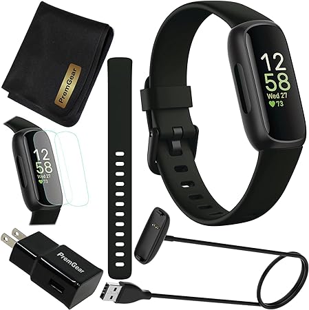 Fitbit Inspire 3 Health & Fitness Activity Tracker (Black) with Workout Intensity, Sleep Tracking, Heart Rate, S & L Bands, 3.3foot Charging Cable, Wall Adapter, Screen Protectors & PremGear Cloth