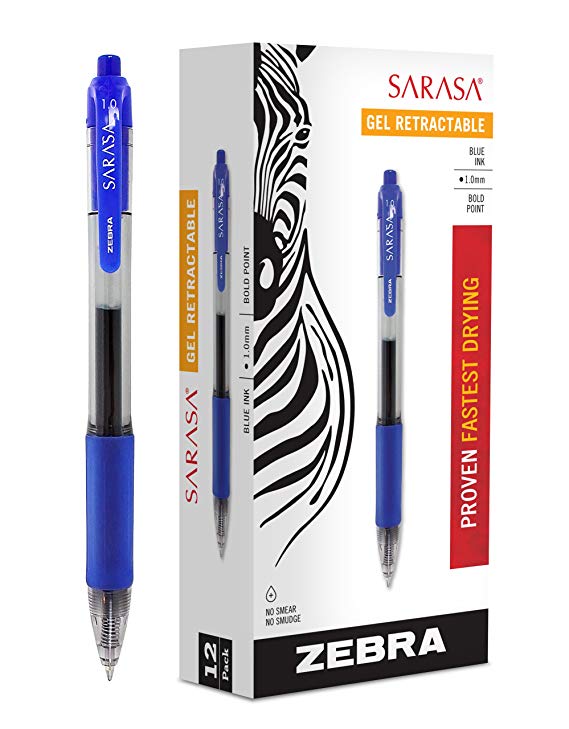 Zebra Sarasa Retractable Gel Ink Pens, Bold Point 1.0mm, Blue, Rapid Dry Ink, 12-Count