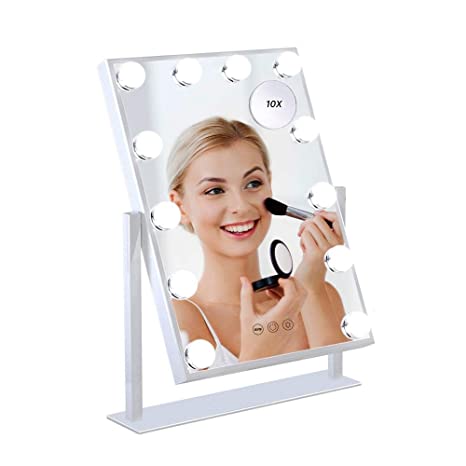 ANNSAN Hollywood Lighted Vanity Mirror With 12 Dimmable LED Bulbs And Touch Control Design, Three colors Adjustable Makeup Mirrors With Light Kit, Tabletop Makeup Cosmetic Mirrors, White