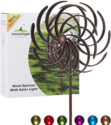 Solar Wind Spinner Willow Leaves 61inches Tall (1.55m) - Multi-Colour LED Light from Solar Powered Glass Ball with Kinetic Wind Spinner - Dual Direction for Patio Lawn & Garden