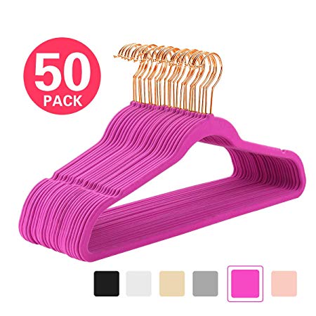 MIZGI Premium Velvet Hangers (Pack of 50) Heavyduty - Non Slip - Velvet Suit Hangers Pink - Copper/Rose Gold Hooks,Space Saving Clothes Hangers