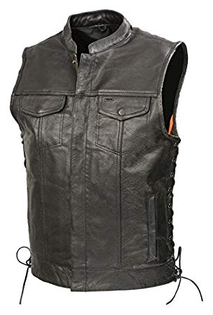 Mens SOA Leathe Club Style Vest W/Concealed Gun Pockets, Side Lace, Premium Buffalo Leather Biker Vest, Patches Friendly (Black, 3X)