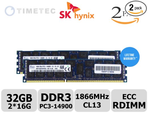 Timetec SKhynix 32GB KIT (2x16GB) 2 Rank 1866MHz DDR3 (PC3-14900) ECC Registered CL13 240-Pin R-DIMM 2Rx4 1024x4 1.5V Reg In-Line Server Memory Module Upgrade (32GB KIT (2x16GB))