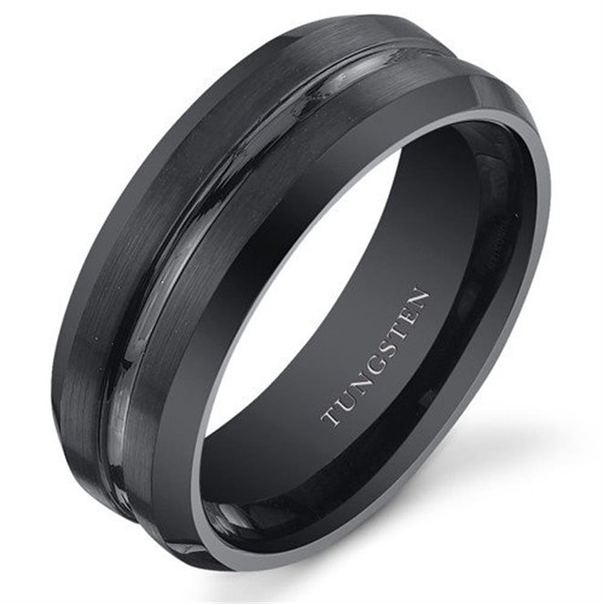 King Will Men Black Tungsten Carbide 8mm Polished Matte Brushed Finish Center Wedding Band Ring