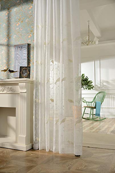AliFish 1 Panel Birds and Trees Embroidered Decorative Sheer Curtains Home Fashion Window Traetment Elegant Country Style Voile Yarn Gauze Drape Panels for Kids Room Living Room W39 x L63 inch