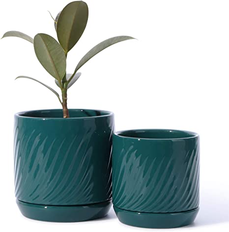 POTEY 053305 Ceramic Planter Pots - Glazed Modern Flower Planters Pot Indoor Bonsai Container with Drainage Holes & Saucer for Plants Aloe(Set of 2-5.1   4.2 Inch, Shiny Green, Plants Not Included)