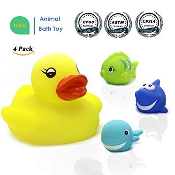 Bath Toy, 4-Pack Little Squirts Bathtime Toy, Rubber Shower Floating Toys, Bathtime Bathtub Toy For Bathroom Kid Boys Girl Toddler Child, Assorted Sea Animal Characters Duck, Fish, Shark, Dolphin